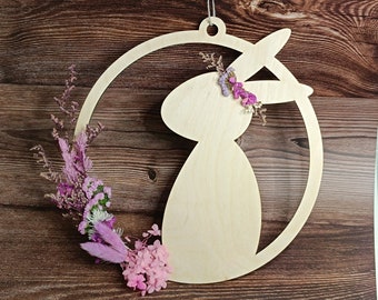 Door wreath / door sign "Egon", with bunny / Easter motif, as well as dried flowers, lasered from wood, spring