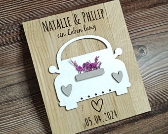 personalisiertes Geldgeschenk Auto / Dosen zur Hochzeit "Just married", mit Trockenblumen und Wunschtext, Hochzeitsdatum, Namen, Mitbringsel