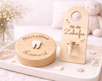 Milk tooth box with door sign for the tooth fairy, personalized name, storage for milk teeth, as a gift for starting school, birthday