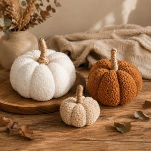 Puede incluir: Tres calabazas decorativas hechas de tela texturizada tipo sherpa en color blanco y naranja óxido. Cada calabaza presenta un tallo envuelto en cuerda de yute natural. Las calabazas están dispuestas sobre una bandeja redonda de madera.