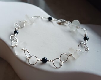 Handgemachte Seeglas Armband, Seeglas Armband, Seeglas Obsidian Armband, Seeglas Silber Armband, Seeglas Silber Schmuck, Scottish