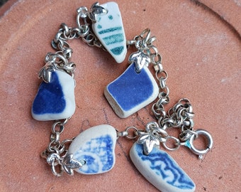 Scottish Seapottery silver bracelet. Scottish Beach Pottery Jewellery, Seaglass & Silver, Scottish sea pottery, Blue Willow Silver Bracelet