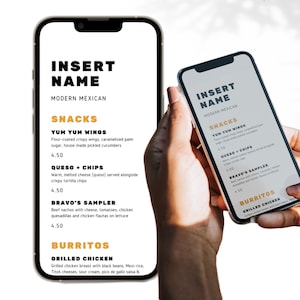 Plantilla de Canva para menú móvil / Para restaurantes, food trucks y cafeterías / Menú de alimentos y bebidas en formato PDF para dispositivos móviles