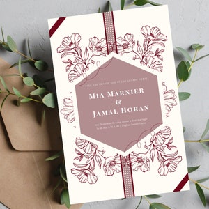 May include: A white wedding invitation with a burgundy floral design. The invitation features a hexagon with a burgundy background and the text "AVEC UNE GRANDE JOIS ET UNE GRANDE PERTE MIA MARNIER & JAMAL HORAN".