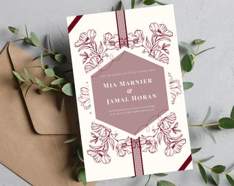 May include: A white wedding invitation with a burgundy floral design. The invitation features a hexagon with a burgundy background and the text "AVEC UNE GRANDE JOIS ET UNE GRANDE PERTE MIA MARNIER & JAMAL HORAN".