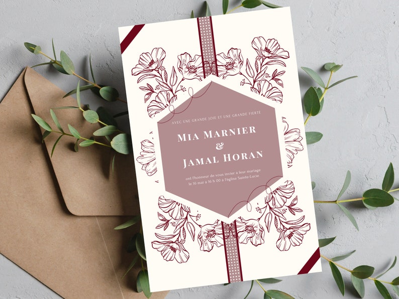 May include: A white wedding invitation with a burgundy floral design. The invitation features a hexagon with a burgundy background and the text "AVEC UNE GRANDE JOIS ET UNE GRANDE PERTE MIA MARNIER & JAMAL HORAN".