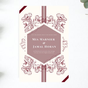 May include: A wedding invitation with a floral design in burgundy and white. The invitation features the names "Mia Marnier & Jamal Horan" and the text "Avec la grande joie et une grande fierte" in French.