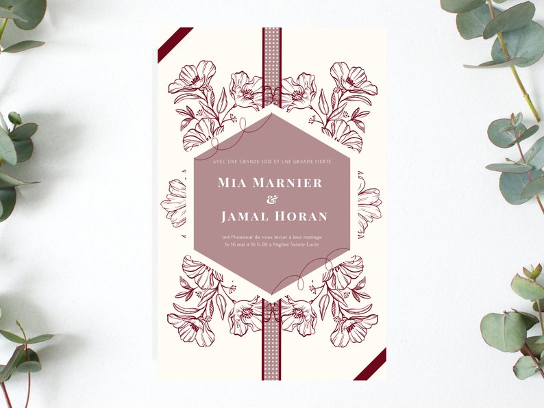 May include: A wedding invitation with a floral design in burgundy and white. The invitation features the names "Mia Marnier & Jamal Horan" and the text "Avec la grande joie et une grande fierte" in French.