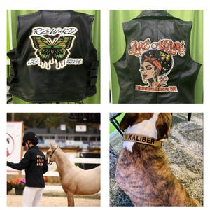 May include: Collection of custom patches and apparel. Includes a black leather vest with a butterfly design, a vest with a woman's face, a horse and rider, a dog with a collar, a fire department patch, and a yellow shirt with the text "Delmarva".