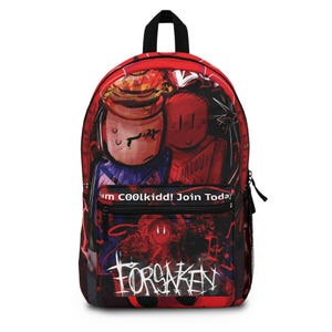 May include: Red backpack with a graphic design featuring two figures and the word "FORSAKEN" in white. The backpack has a black top handle and a front pocket with the text "am COOLkidd! Join Today".
