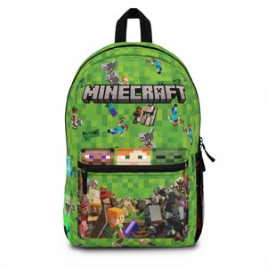 May include: Green Minecraft backpack with a large Minecraft logo and various characters from the game printed on it. The backpack has a large front pocket with a zipper.