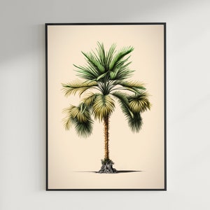 Puede incluir: Una ilustración vintage de una palmera con hojas verdes sobre un fondo beige claro.