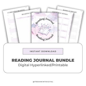 May include: A bundle of printable reading journals with a soft purple and white color scheme. The journals include sections for current reads, reading logs, favorite books, and book summaries. The cover features the text "Reading Journal" and an illustration of an open book.