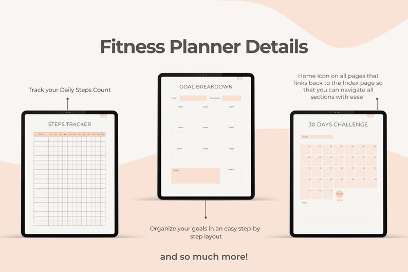 May include: Three digital tablets displaying fitness planner details. The tablets show a steps tracker, goal breakdown, and a 30-day challenge calendar. Text includes "Fitness Planner Details", "Track your Daily Steps Count", and "Organize your goals in an easy step-by-step layout."