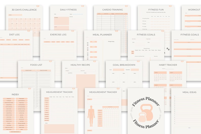 May include: A selection of fitness planner pages in a neutral colour scheme. The pages include sections for tracking goals, diet, exercise, and habits. The text on the pages includes "30 DAYS CHALLENGE", "DAILY FITNESS", "CARDIO TRAINING", and "Fitness Planner".