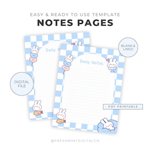 Notas diarias imprimibles de conejitos kawaii, imprimibles digitales rayados y en blanco, notas kawaii caprichosas y lindas en azul pastel claro para llevar un diario.