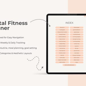 May include: A digital fitness planner on a tablet, featuring an index with categories such as "Fitness Fun" and "Meal Planner." It offers easy navigation, monthly, weekly, and daily tracking, exercise routines, and goal setting.