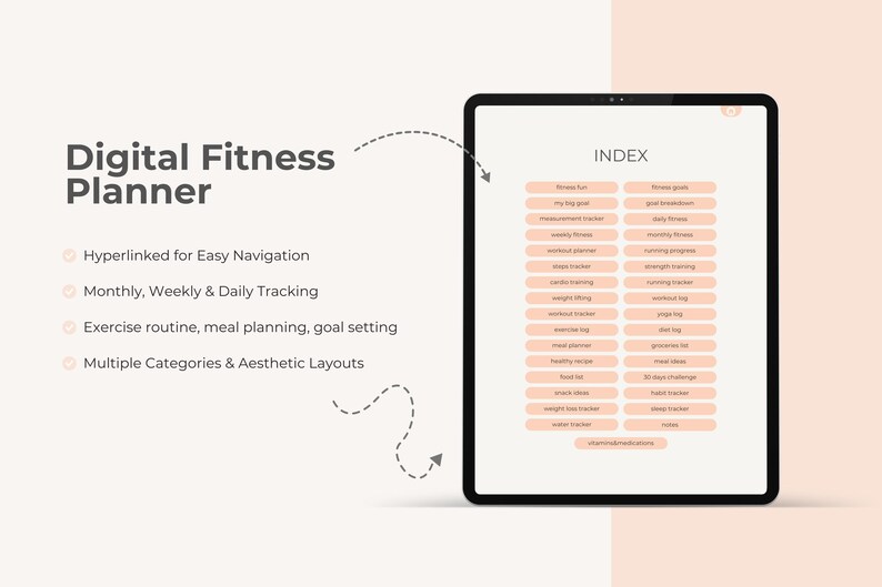 May include: A digital fitness planner on a tablet, featuring an index with categories such as "Fitness Fun" and "Meal Planner." It offers easy navigation, monthly, weekly, and daily tracking, exercise routines, and goal setting.
