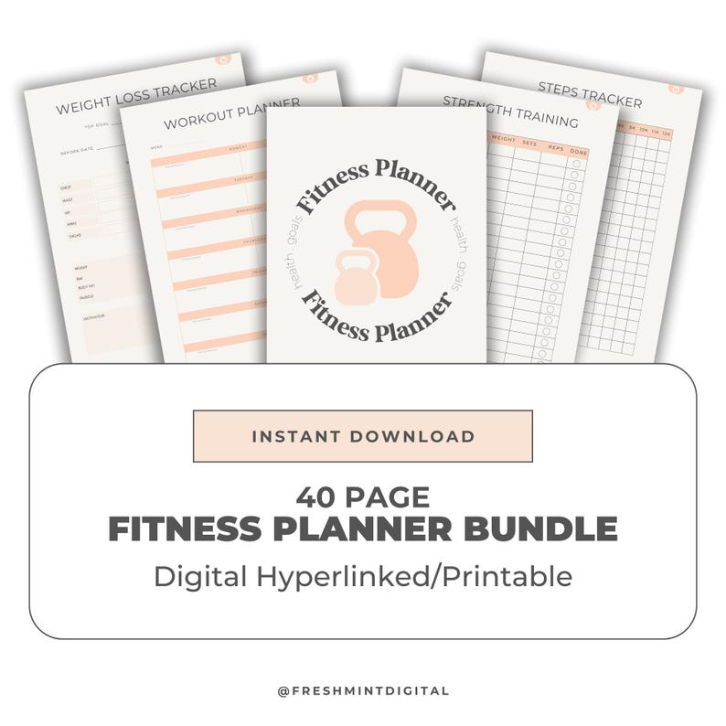 May include: A fitness planner bundle with a peach-coloured kettlebell design on the cover. The bundle includes a weight loss tracker, workout planner, and strength training pages. The text reads "Instant Download" and "40 Page Fitness Planner Bundle."