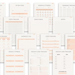 May include: A selection of printable fitness trackers with a minimalist design. The pages include sections for running progress, steps, workout logs, and weight loss tracking. The trackers are in a neutral colour palette with peach accents.
