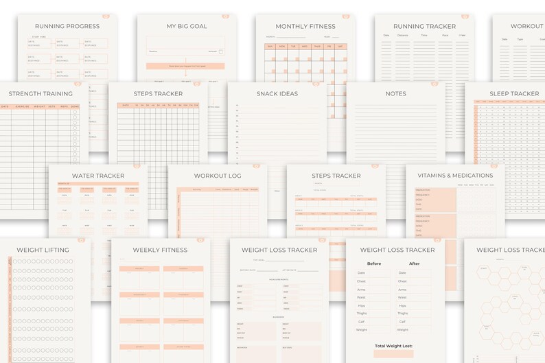 May include: A selection of printable fitness trackers with a minimalist design. The pages include sections for running progress, steps, workout logs, and weight loss tracking. The trackers are in a neutral colour palette with peach accents.