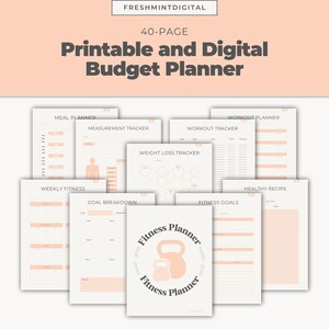 May include: A 40-page printable and digital budget planner in peach and white. The planner includes sections for meal planning, workout tracking, and fitness goals. The cover features a peach-coloured kettlebell graphic.