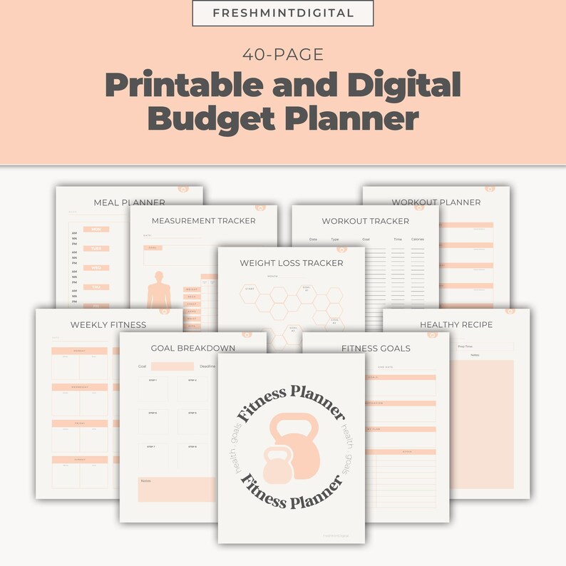 May include: A 40-page printable and digital budget planner in peach and white. The planner includes sections for meal planning, workout tracking, and fitness goals. The cover features a peach-coloured kettlebell graphic.