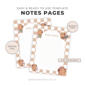 Cute Kawaii Capybaras Daily Notes Printable, Lined and Blank Digital Printables Light Brown Cute Capybara Notes for Journaling