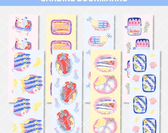 Sardines Seafood Illustration Printable Bookmarks, Set of 8 Printable Bookmarks,  Summer Aesthetic Bookmarks, PDF Downloadable Bookmarks