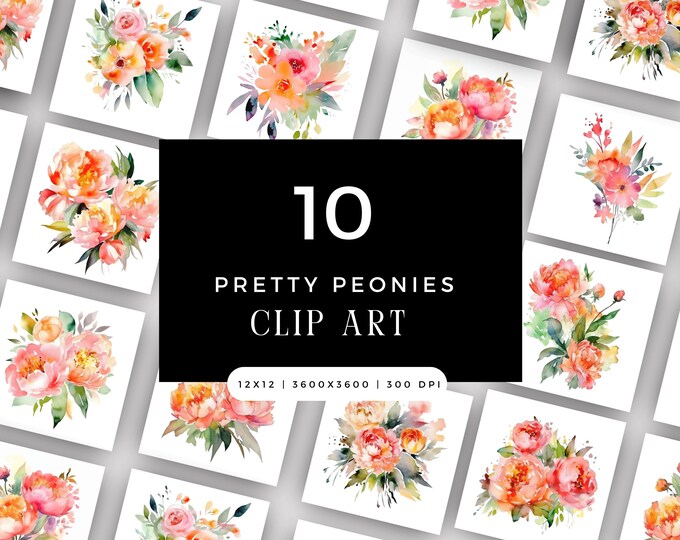 Watercolor Peony Clipart PNG JPG Bundle Floral Spring Summer Wedding Botanical Clip Art Instant Download Commercial Use Blush Coral Peonies