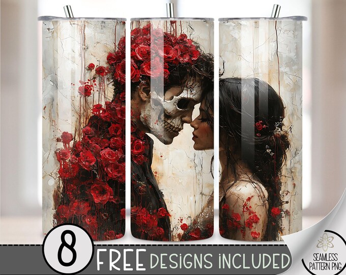 Red Rose Gothic Tumbler Wrap, Skeleton Tumbler Wrap, Horror Skull 20Oz Skinny Tumbler, Dark Valentine Sublimation Tumbler Design, Anti Vday