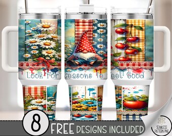 Feel Good Gnome 40 oz Tumbler Wrap PNG, Cherry Daisy Farmhouse Plaid Sublimation Design, 40oz Positive Affirmation PNG, A317