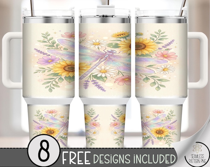 Dragonfly 40 oz Tumbler Wrap, Botanical Sublimation Design, Watercolor Wreath PNG Files, Pastel Cottagecore 40oz Tumbler Design B10116