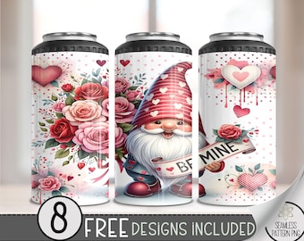 Seamless Valentine Gnomes 4in1 Can Cooler Wrap, Vday Sublimation Design, Love 16 Oz Can Cooler Design File, Cute Gnome 4 in 1 Tumbler PNG,