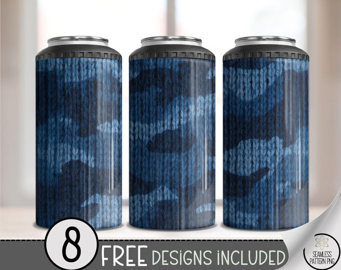 Blue Camo 4in1 Can Cooler Wrap, Faux Knit Camouflage Sublimation Design, Winter Military 16 oz 4-in-1 File 4In1 Can Cooler Png Design A748
