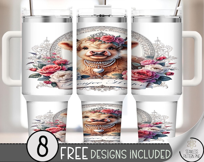Boujee Heifer 40 oz Tumbler Wrap PNG, Instant Download, Lovely Highland Cow, Cute Sublimation Design, A750