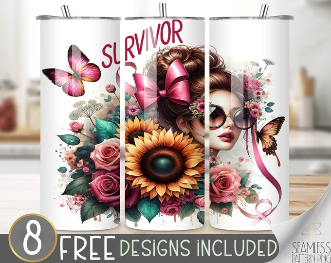 Messy Bun Mom Pink Awareness Breast Cancer Survivor Tumbler Wrap 20 oz Skinny Tumbler Sublimation Design Floral Instant Digital Download