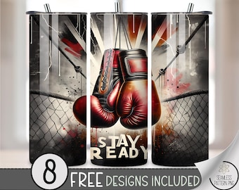Stay Ready Boxing Gloves 20 oz Tumbler Wrap PNG, Gym Fight Sublimation Design, Ring Ropes and Grunge Splash Sports Wrap for Men, A331