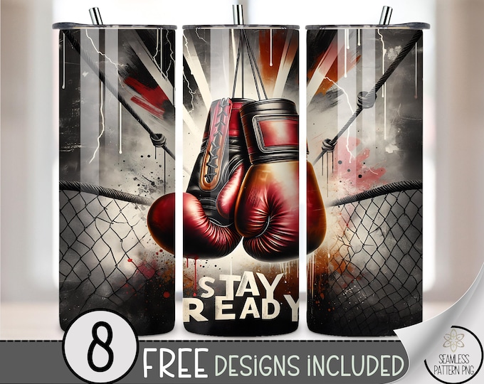 Stay Ready Boxing Gloves 20 oz Tumbler Wrap PNG, Gym Fight Sublimation Design, Ring Ropes and Grunge Splash Sports Wrap for Men, A331