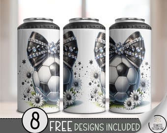 Soccer Tumbler Wrap 4-in-1, Rhinestone Bow & Flowers Sublimation PNG, Glam Soccer Mom Wrap Design, Sparkly Can Cooler PNG, A368