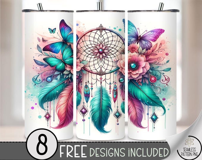 Boho Dreamcatcher 20 oz Tumbler Wrap PNG, Watercolor Butterfly Feather Sublimation, Pastel Floral Tumbler PNG File, Native 20Oz Skinny A260