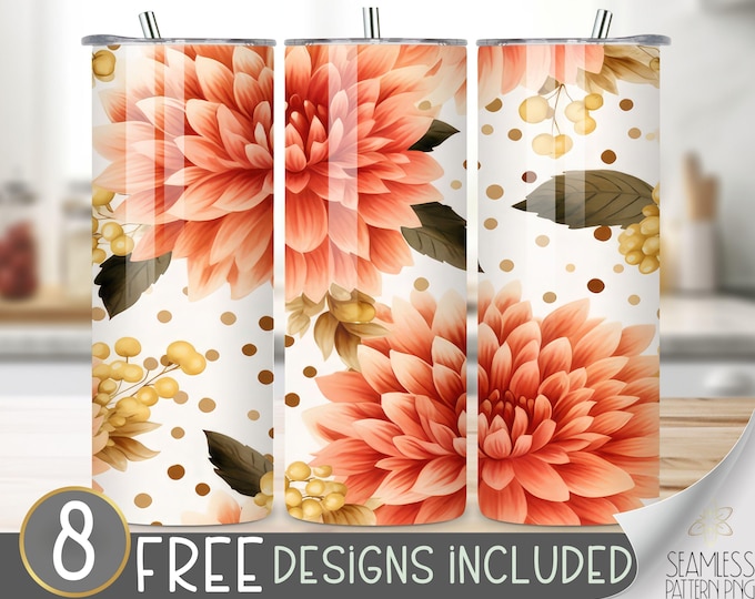 Autumn Floral Tumbler Wrap, Fall Dahlia Seamless Design, Autumn Flower Sublimation Tumbler Design PNG, Chrysanthemum 20 OZ Skinny Wrap PNG