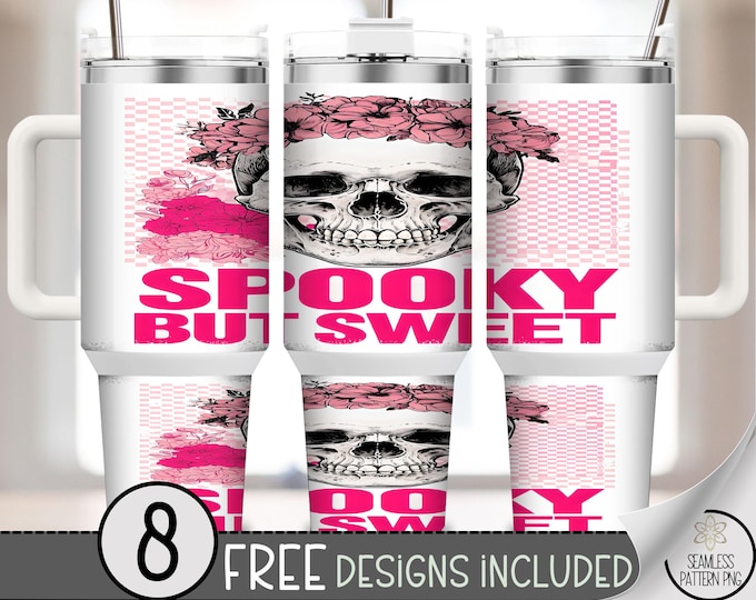 Spooky but Sweet Skull Tumbler Wrap, Pink Floral Halloween Design, 40 oz Tumbler Wrap, Goth Aesthetic, Printable Sublimation Design A424