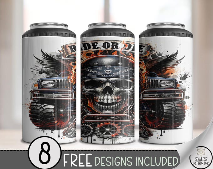 Ride Or Die PNG Skull 4-in-1 Can Cooler Wrap, Vintage Helmet Trucker Sublimation, Edgy Grunge Tattoo Design, B836