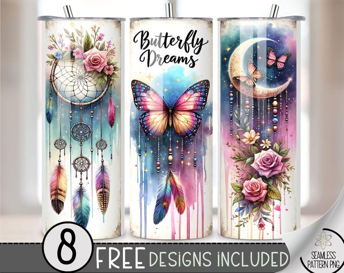 Floral Tumbler Wrap, Butterfly Dreamcatcher Gothic Witchy Vibes Tumbler Wrap, Celestial Crescent Moon Tumbler Wrap, Boho Chic Tumbler, A94