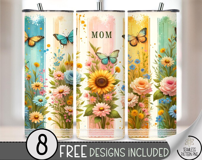 Mom Tumbler Wrap Sunflowers 20 Oz Skinny Tumbler Sublimation Design Mother's Day Skinny 20oz Tumbler PNG, Boho Butterfly Sunflower PNG A207