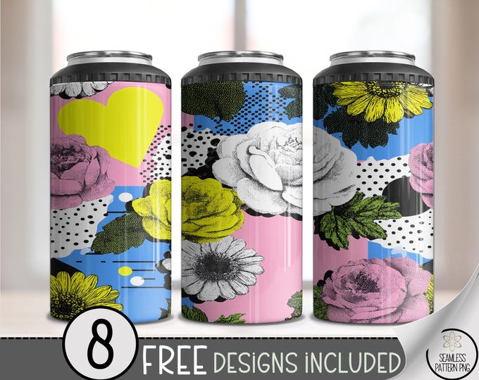 Spring Floral 4in1 Can Cooler Wrap, Bold Mixed Flower Sublimation Design, Retro Pop-Art 16 oz 4-in-1 File, Bright Graphic Design B10046