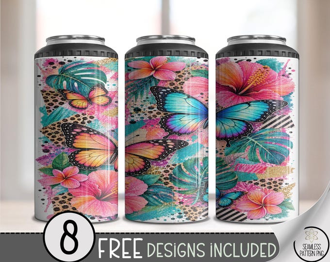 Tropical Butterflies 4in1 Can Cooler Wrap, Hibiscus Sublimation Design, Digital Download, B10508