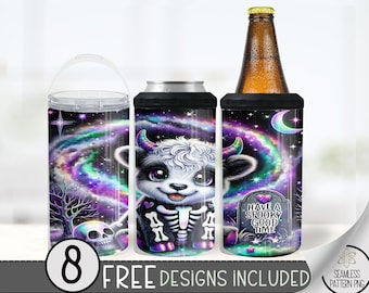 Cute Halloween Highland Cow 4in1 Can Cooler Wrap, Skeleton Highland Cow Design, Galaxy 4 in 1 Tumbler PNG, Seamless 16 Oz Can Cooler Design