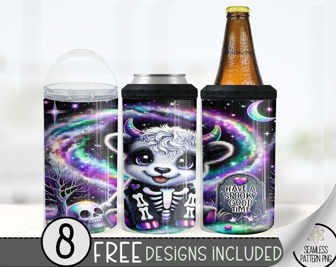 Cute Halloween Highland Cow 4in1 Can Cooler Wrap, Skeleton Highland Cow Design, Galaxy 4 in 1 Tumbler PNG, Seamless 16 Oz Can Cooler Design